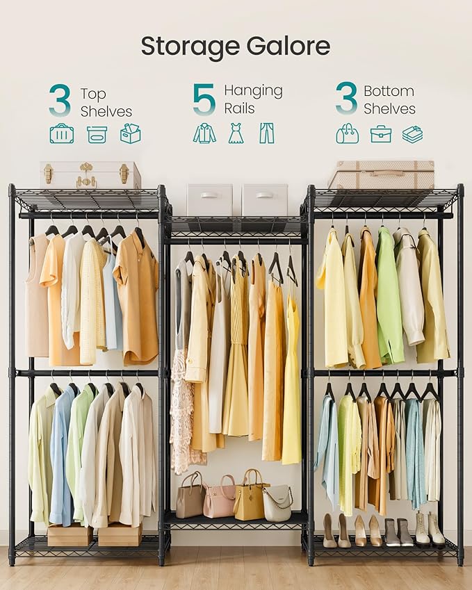 SONGMICS Heavy-Duty Clothes Rack, Garment Rack, Portable Closet, 68.7-Inch Wide Clothing Rack with Adjustable Mesh Shelves an