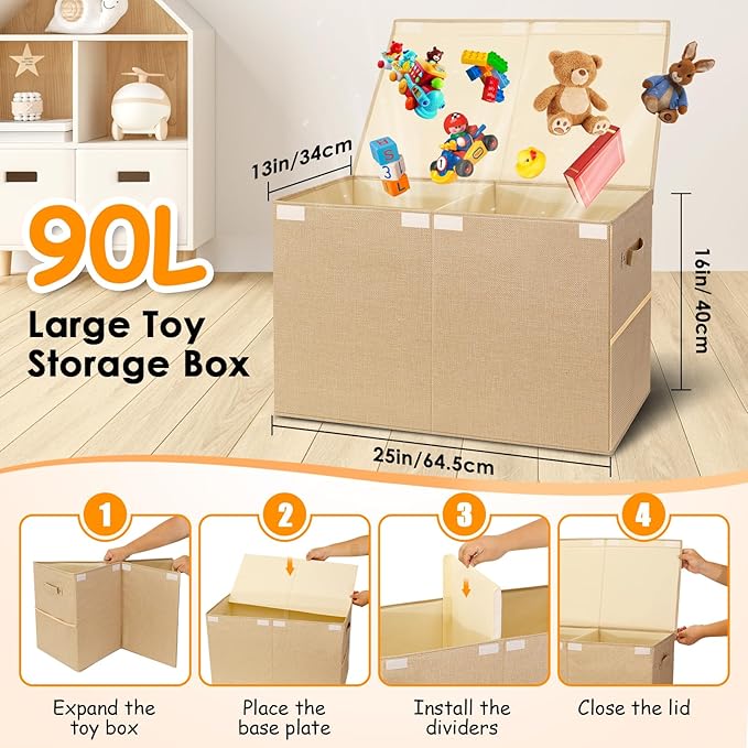 Large Toy Storage Box with Lid Upgraded Toy Chest Organizer with Removable PP Divider Foldable Toy Bin for Kids Boys Girls Li