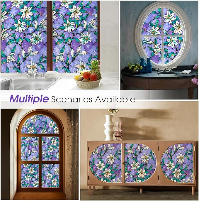 Coavas Decorative Window Privacy Film, Heat Control Sun Blocking Stained Glass Window Film, Floral Design Static Cling, Non Adhesive Windows Tint for Bathroom Front Door(Vinyl, 29.5" x 78.7 ")