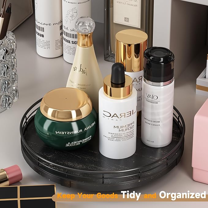 10" Oak Bathroom Vanity Tray Turntable for Perfume Candle, Round Wooden Decorative Tray for Kitchen Sink Countertop Organizer