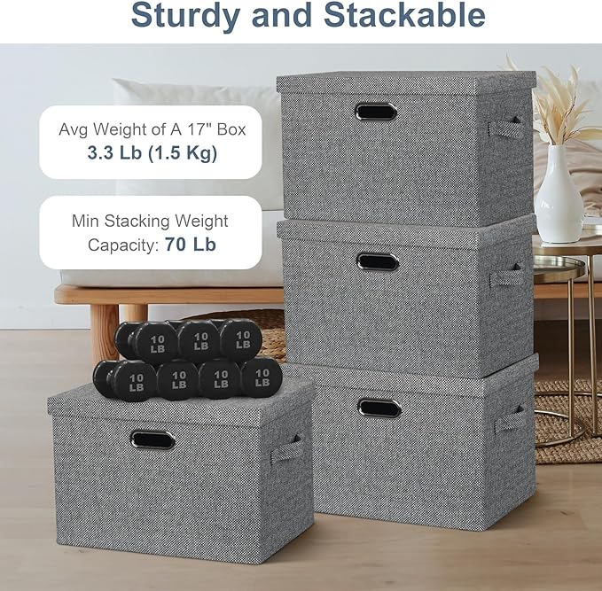 Graciadeco Large 17" 36 Quart Collapsible Stackable Storage Bins with Lids, 3 Packs Black and White Mix Linen Fabric Closet B