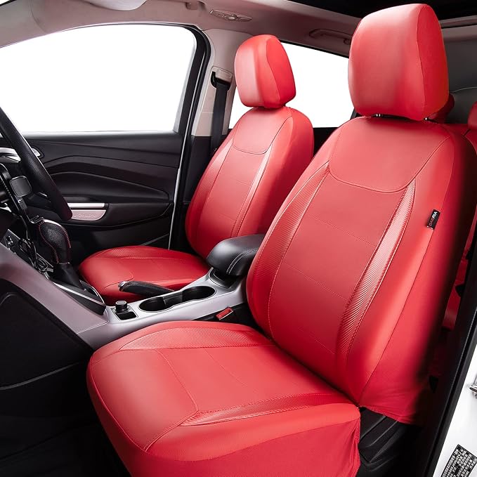 Flying Banner car seat Covers Protects Water Proof Faux Leather Carbon Fiber Fronts Rear Bench Covers (Red Red, Full Set - 8P