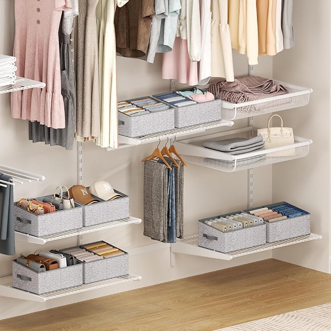 DIMJ Large Closet Shelf Organizer Bins 6 Packs with Handles and Divider, Fabric Trapezoid Storage Baskets, Foldable Clothes C