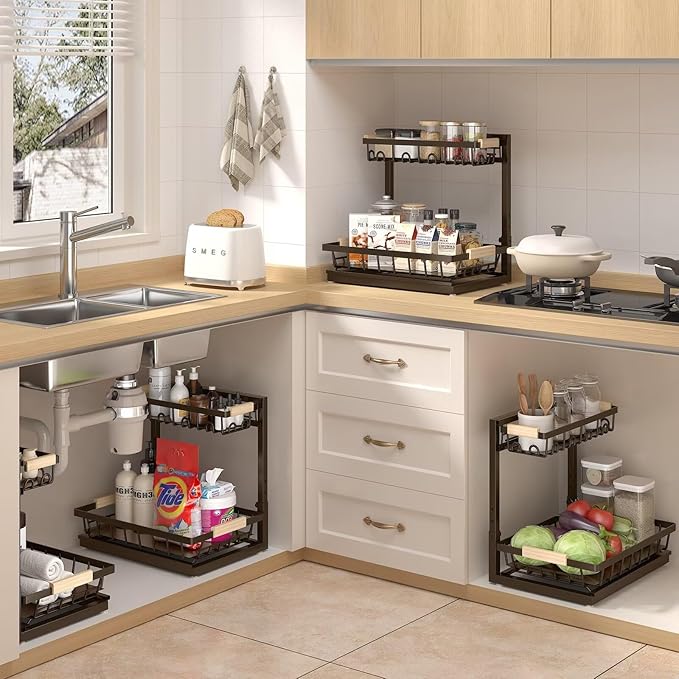 Sevenblue 2 Packs Under Sink Organizer, Height Adjustable 2 Tier Under Kitchen Sink Organizer, Multi-Purpose Storage Shelf fo