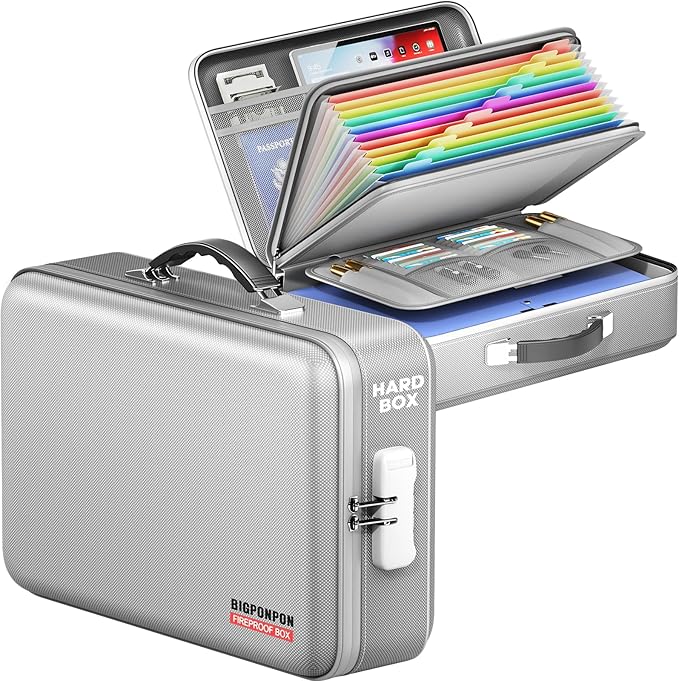 Fireproof Document Box, Hard Case Highly Flame-Resistant Fire Proof Waterproof File Organizer with Lock, Portable Fire Safe f