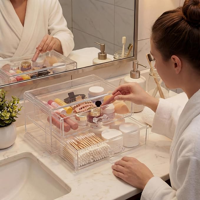 Acrylic Makeup Organizer 2 Drawer Transparent Makeup Storage Box with DIY Flower Nails Tips Jewelry Cosmetic Organizer Dustpr