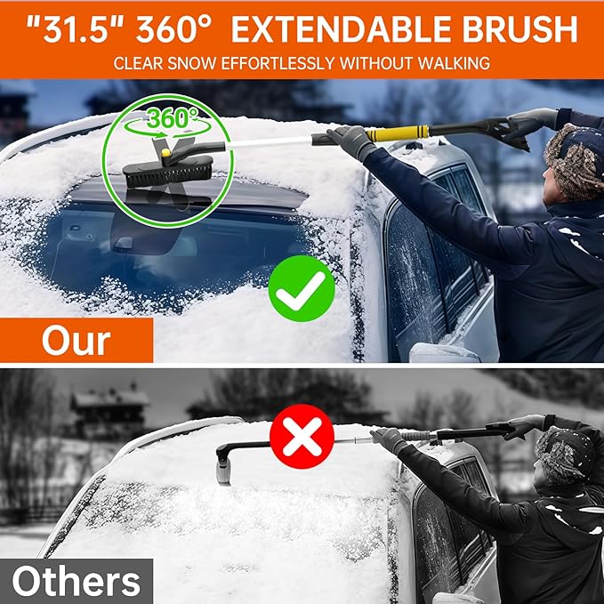 34" Extendable Ice Scraper and Snow Brush for Car Windshield, 360° Rotating (R002)