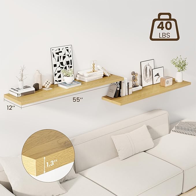 Dreamland 55" Floating Shelves for Wall, 12" Deep Slim Oak Floating Shelves, Wall-Mounted Shelves for Bedroom, Living Room, K