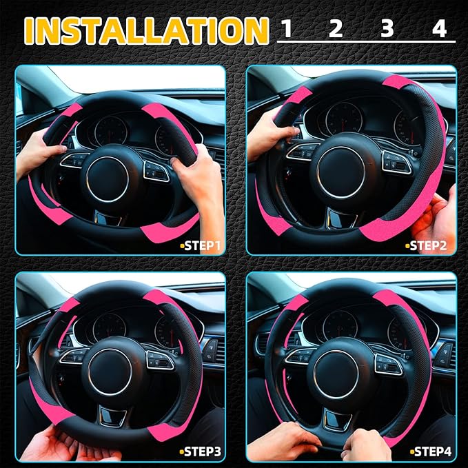 Xizopucy Pink Steering Wheel Cover Microfiber Leather Sporty Car Accessories for Men and Women,Breathable Non-Slip Universal 
