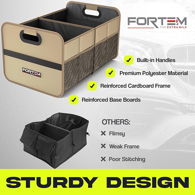 FORTEM Car Trunk Organizer, Collapsible Two Compartment Organizer, Foldable SUV & Truck Storage for Car Accessories for