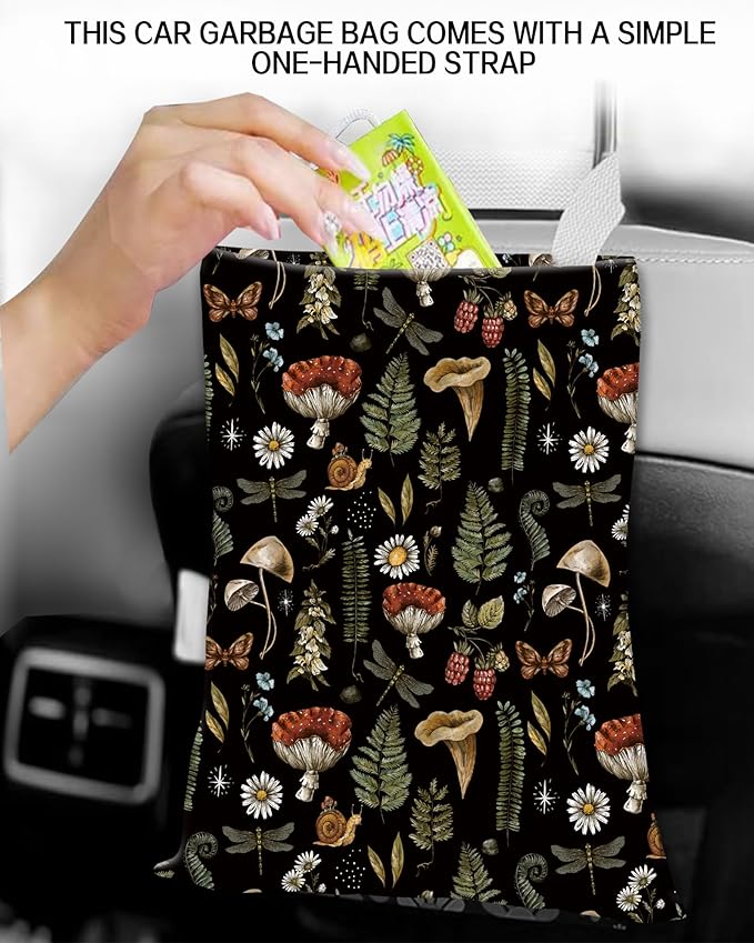 Hanging Car Trash Can Bag - Boho Brown Mushroom Design, Back Seat Organizer for Travel, Camping, Vehicle Accessories
