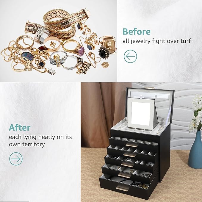 BOOVO Jewelry Boxes for Women, White and Black 6 Layer Large Jewelry Box for Necklace, Bracelet, Earrings, Rings Storage, Jew