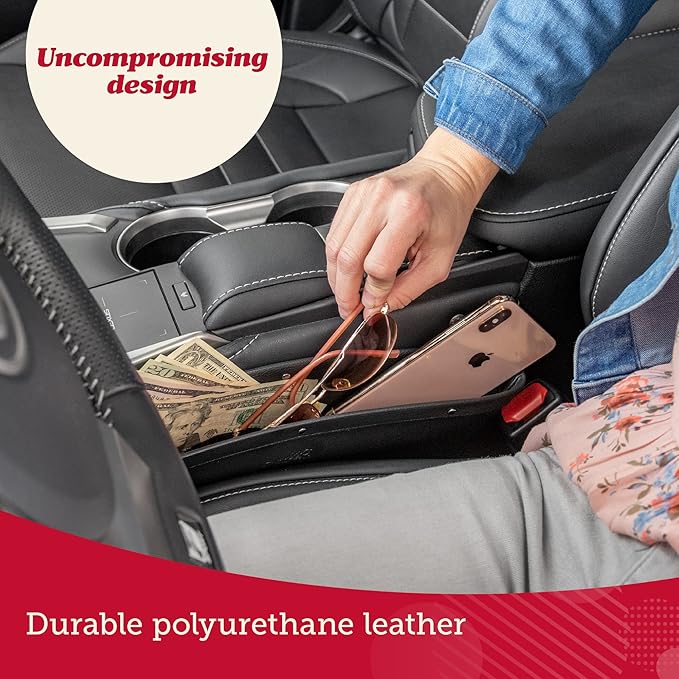 Lusso Gear Car Seat Gap Organizer - Pack of 2 - Prevents Items Falling & Seat Gap Filler - Universal Fit 0.5"-2" Slots & Automotive Use - Easy Clean Design for Auto Accessories - Gray Faux Leather