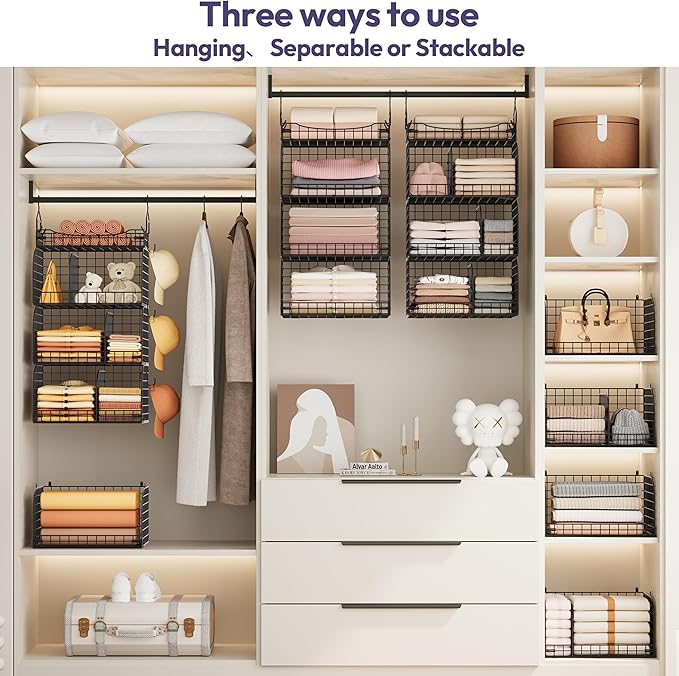 SWTYMIKI Hanging Closet Organizer Storage - 4 Tier Metal Stackable Hanging Closet Shelves with Dividers and S Hooks, Foldable
