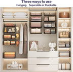 SWTYMIKI Hanging Closet Organizer Storage - 4 Tier Metal Stackable Hanging Closet Shelves with Dividers and S Hooks, Foldable