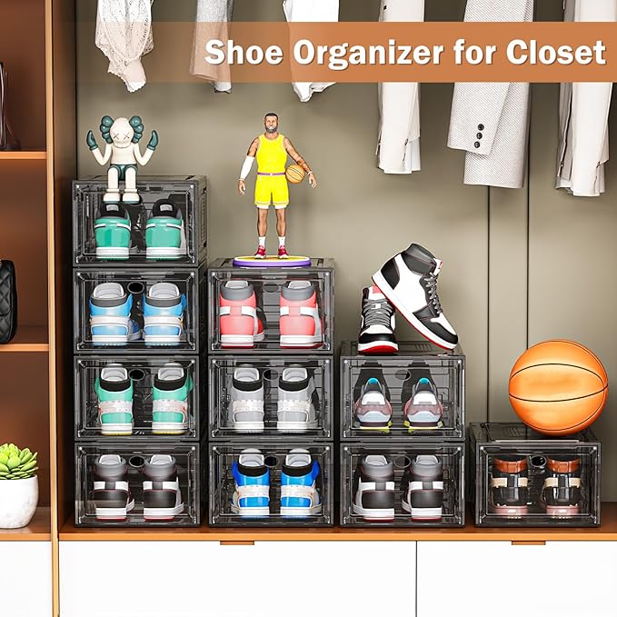 caktraie 10 Pack Thicken Shoe Organizer Stackable,Upgraded Sturdy Shoe Storage Box with Magnetic Door,Shoe Containers For Sne