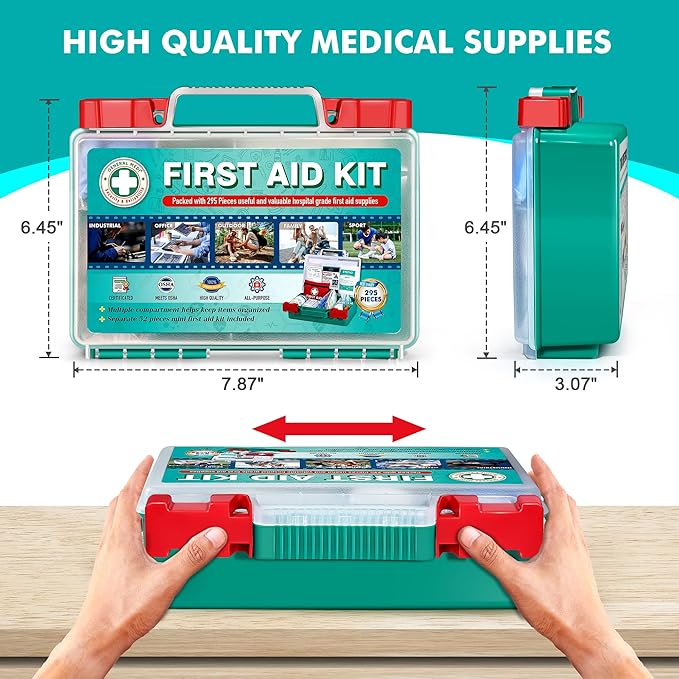 General Medi 295 Pieces Professional First Aid Kit - HardCase First Aid Box - Contains Premium Medical Supplies for Travel, H