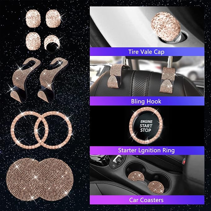 25PCS Bling Car Car Accessories Set,15 Inch Steering Wheel Cover,Shiny License Plate Frame,Center Console Cover and Rearview Mirror Set and Other Car Accessories(Champ)