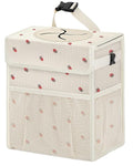 Corduroy Car Trash Can with Lid and Mesh Pockets - Leakproof Organizer,Multipurpose Waterproof Garbage Can/Trash Bin for Car(Off-White Base with Red Strawberry Print-2 Gallons)