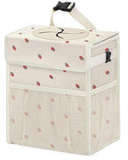 Corduroy Car Trash Can with Lid and Mesh Pockets - Leakproof Organizer,Multipurpose Waterproof Garbage Can/Trash Bin for Car(Off-White Base with Red Strawberry Print-2 Gallons)