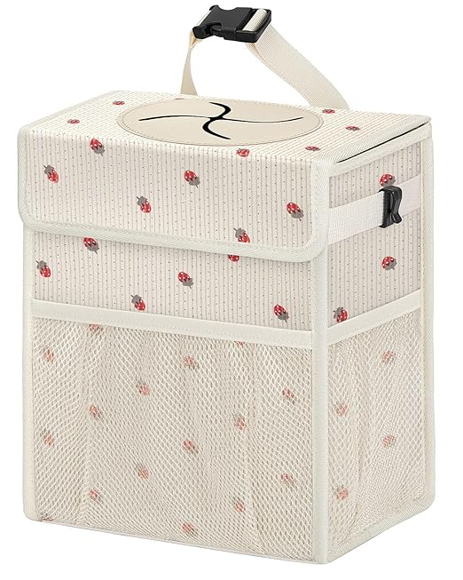 Corduroy Car Trash Can with Lid and Mesh Pockets - Leakproof Organizer,Multipurpose Waterproof Garbage Can/Trash Bin for Car(Beige/Red Strawberry Print-3 Gallons)