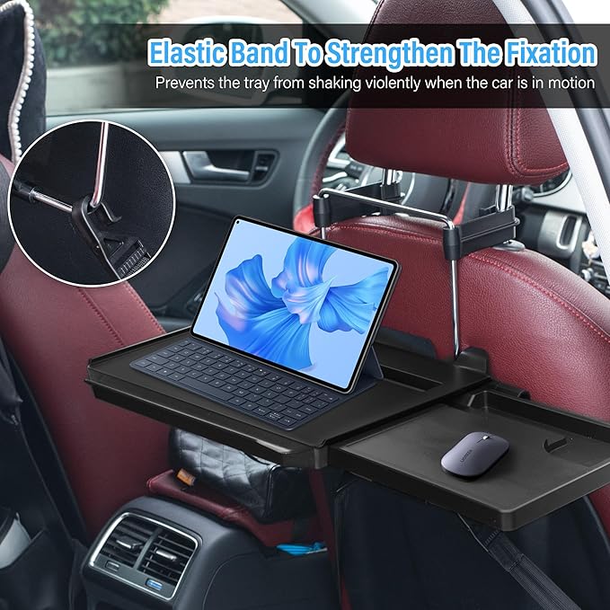 VarCozy Car Steering Wheel Tray, Foldable Hanging Rear Headrest Car Tray with Expandable Tray and Beverage Cup Slot, Portable Car Desk for Laptop Work, Eating, Drinking, and Doodling