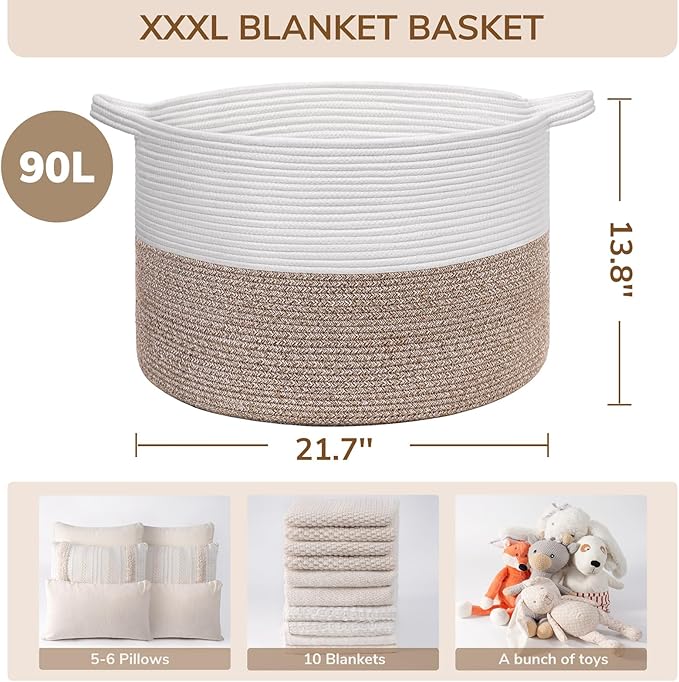 INDRESSME XXXLarge Blanket Basket for Living Room 21.7" x 21.7" x 13.8"-Storage Basket with Handle for Organizing Toy Pillows