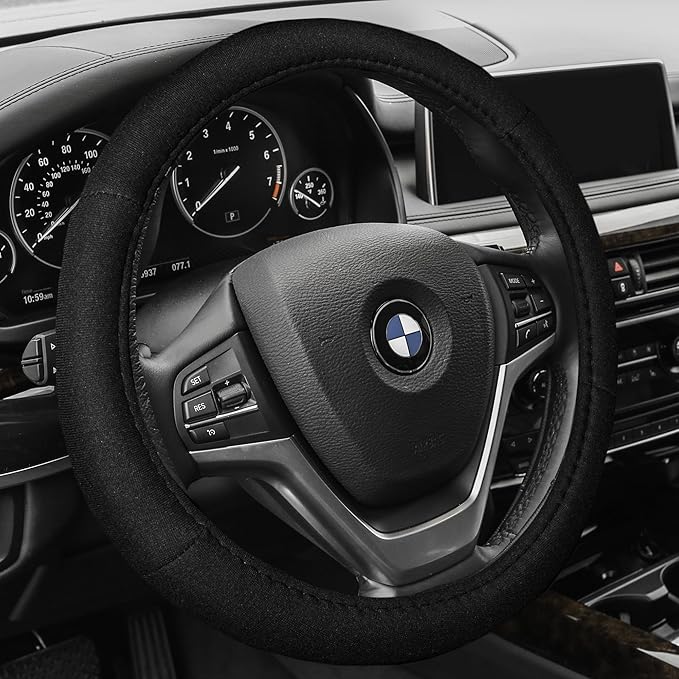 FH Group Light & Breezy Flat Cloth Cars Seat Covers Combo Steering Wheel Cover & Seat Belt Pads, Airbag and Split Rear Univer
