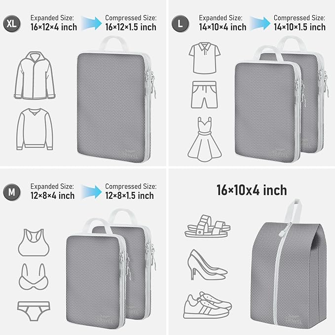 6 Set Compression Packing Cubes, Suitcase Organizer, Lightweight Travel Essentials, Compression Bags For Travel Accessories L