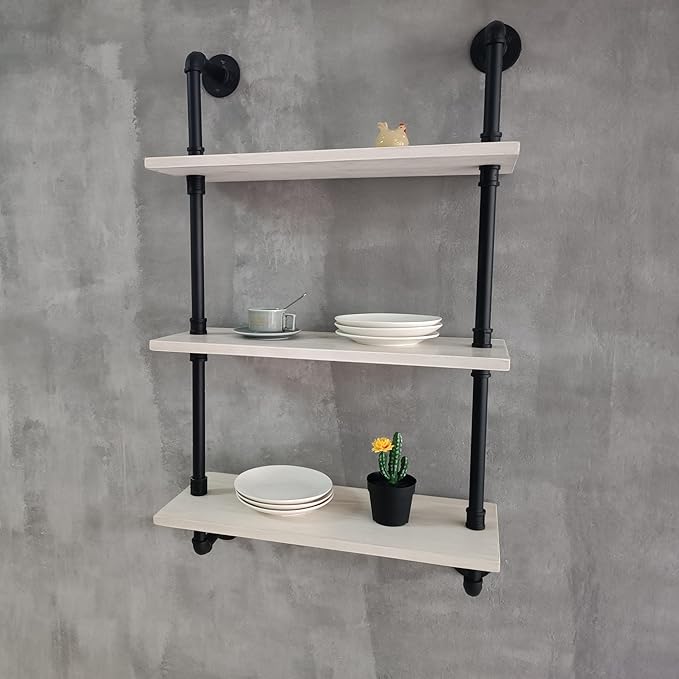 White Floating Shelves 24 inch Pipe Wall Shelves Bathroom Shelves Over Toilet with Wood Planks Industrial Pipe Floating Shelv