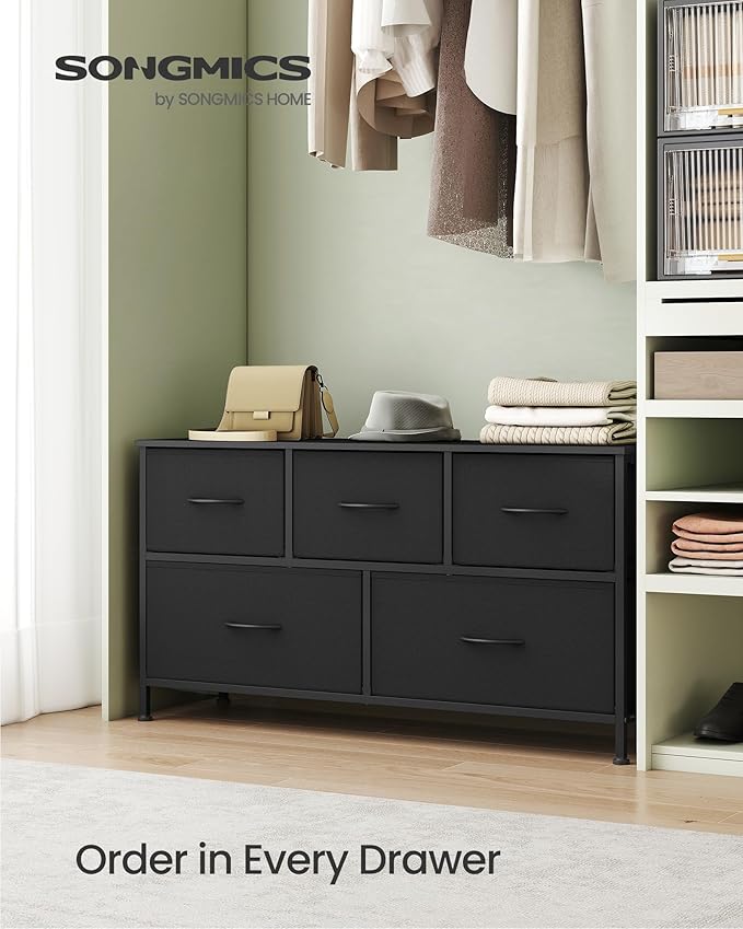 SONGMICS Dresser for Bedroom, Chest of Drawers, Steel, MDF, 5 Non-Woven Fabric Drawers, Storage Organizer Unit, Closet, Entry