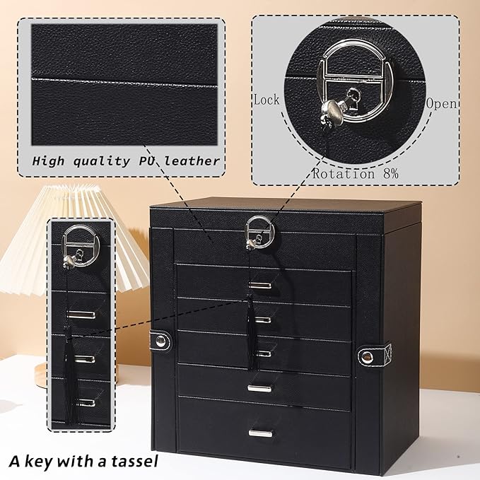 BOOVO Jewelry Box For women, 6 Layer Large Jewelry Organizer With Mirror, Multi-Function Storage Box With Lock, Accessory Hol