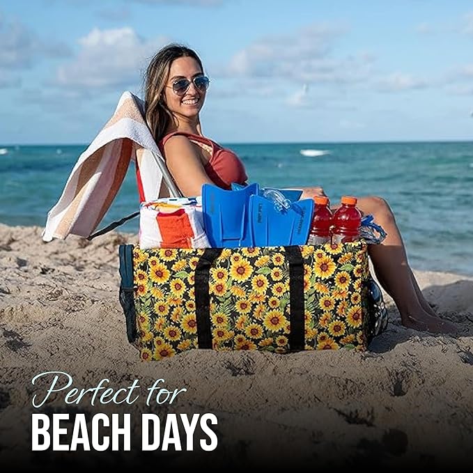 Extra Large Utility Tote Bag - Oversized Collapsible Reusable Wire Frame Rectangular Canvas Basket With Two Exterior Pockets For Beach, Pool, Laundry, Car Trunk, Storage - Sunflower
