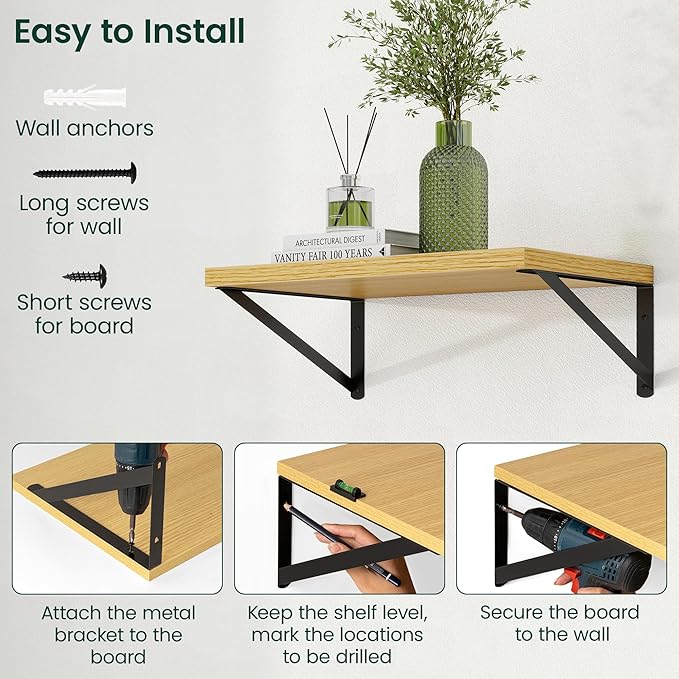 Floating Shelves, 24W x 12D Wall Shelves Set of 2, 12 Inch Deep Rustic Wood Wall Storage, Heavy Duty Metal Brackets, Large In