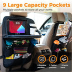 Backseat Car Organizer with Tray, 9 Storage Pockets Back Seat Protector with Foldable Tablet Holder, Waterproof Back of Seat Kick Mats for Kids Adult, Road Trip Essentials Travel 2 Pack, Black