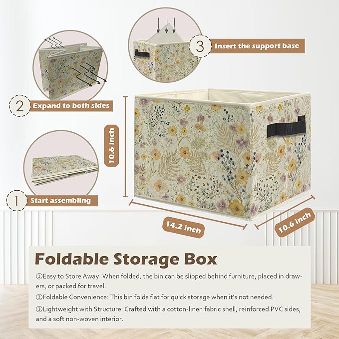 Watercolor Wildflower Storage Box Bins, Vintage Cottagecore Botanical Floral Collapsible Storage Basket Organizer for Bedroom