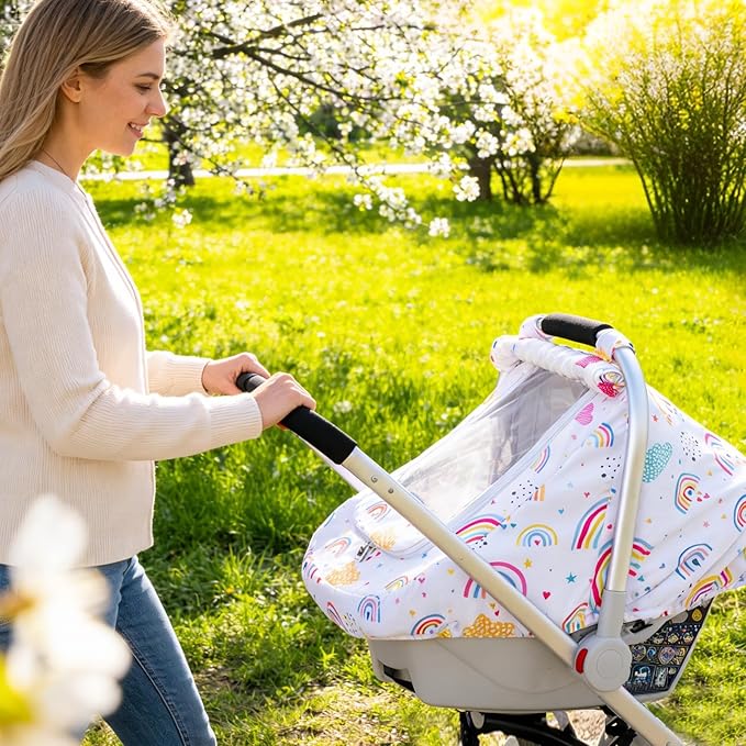 Car Seat Cover Baby Girls, Infant Car Seat Cover for Outdoor, Breathable Carseat Cover with Privacy Sun Shade & Mesh Window f