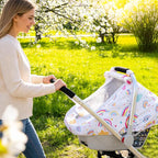 Car Seat Cover Baby Girls, Infant Car Seat Cover for Outdoor, Breathable Carseat Cover with Privacy Sun Shade & Mesh Window f