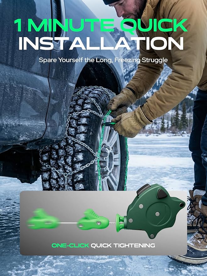 YHTAUTO Set of 2 Snow Chains 16mm for Pickup Truck SUV Passenger Car Universal Fit Tire Chains Auto-Tightening Quick Installa