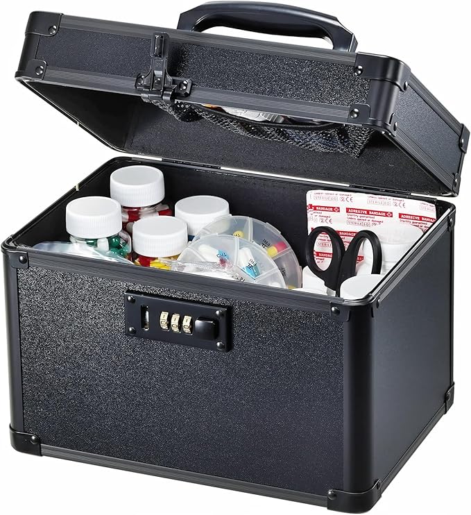 Lockable Security Storage Box - Shiny Black Safe Combination Lock Box, Cabinet Med Organizer, 10 x 7 x 9 Inches Safe Case for