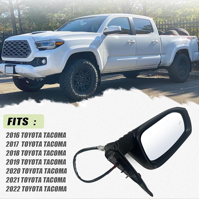 Left Driver side Mirror Fits 2016-2022 Toyota Tacoma With Power Glass, Heated, Turn Signal, Blind Spot Detection and Manual Folding Match to White Paint Replace TO1321350 (8Pins)