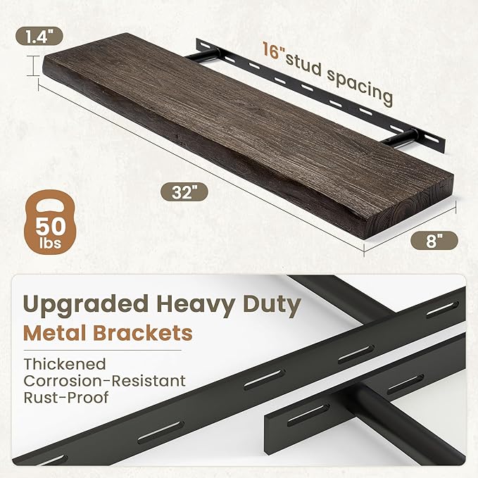 Fun Memories Floating Shelves for Wall Decor Set of 2-32 Inch Solid Elm Wood Live Edge - Rustic Walnut Wall Shelves with Invi