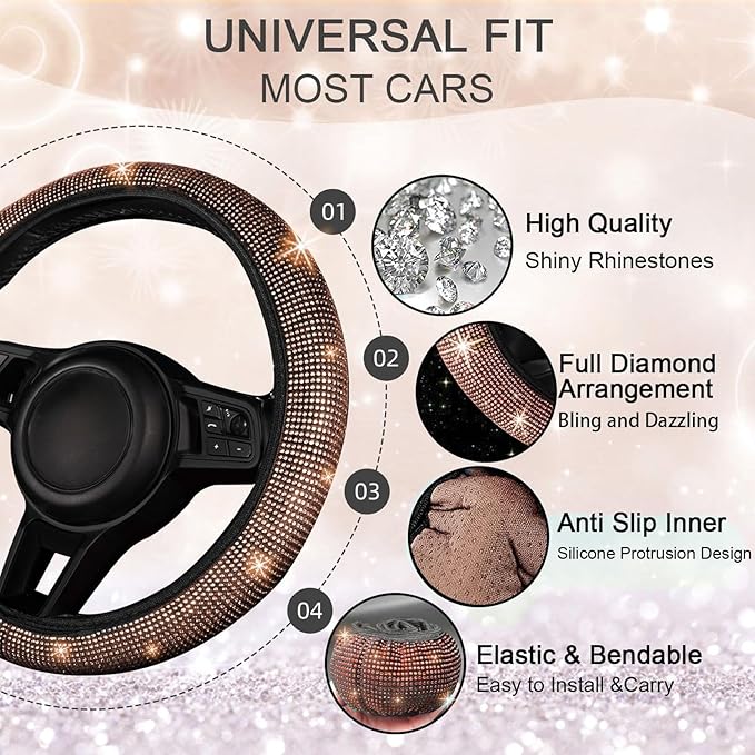 NBTEPEM 30 Pcs Bling Car Accessories Set for Women, Steering Wheel Cover Set, Bling Console Cover, Seat Belt Cushion, Shift Knob Cushion, Cup Coaster, Rhinestone Car Hanging Accessories (Champagne)