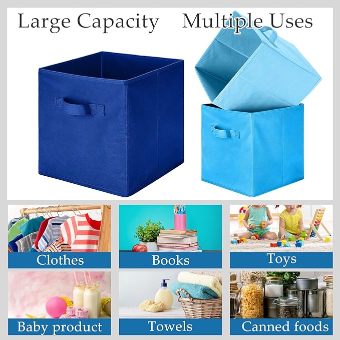 Karenhi 11 x 10. 5 x 10. 5 Blue Storage Cube, 6 Pack Fabric Cube Storage Bins Organizer Box, Collapsible Baskets with Handles