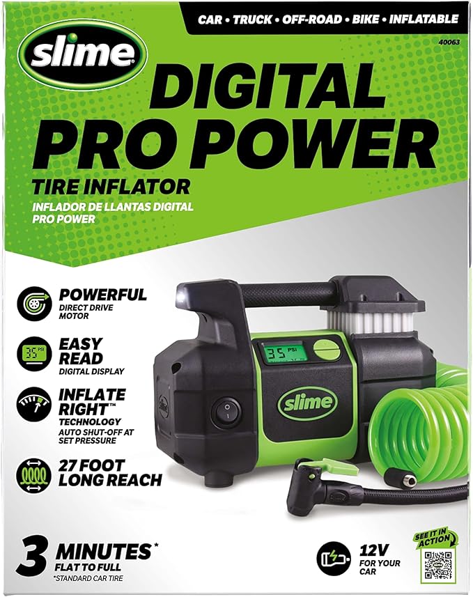 Slime 40063 Tire Inflator, Portable Car, SUV, 4x4 Air Compressor, Elite Heavy Duty, Inflate Right Automatic Shut Off, with Digital 99 psi Display, Long Hose and LED Light, 12V, 3 min Inflation