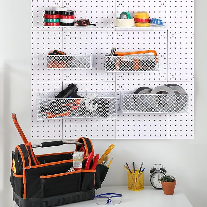 Hicarer 8 Pack Pegboard Baskets and Peg Board Racks Set, Pegboard Hooks, Square Style Wire Shelf Baskets, for Organize Tools,