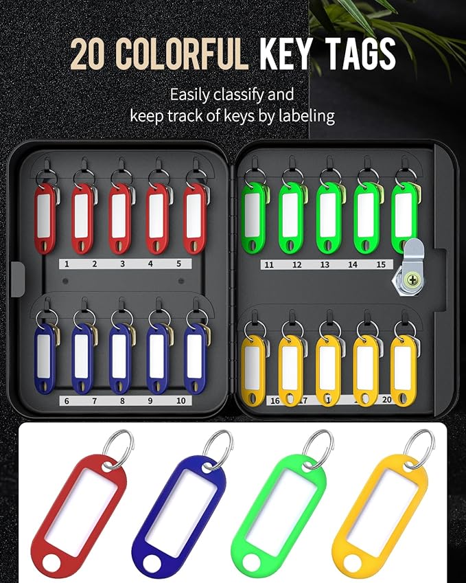 Uniclife 20 Position Key Cabinet with Key Lock Wall Mounted Black Security Storage Box Steel Key Organizer with Colorful Key 