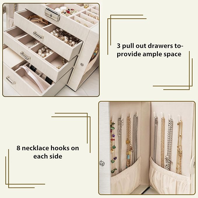 AKOZLIN 4-Tier Jewelry Box Lockable Leather Jewelry Storage Case Organizer with 3 Drawers for Women Girls Ring Necklace Earri