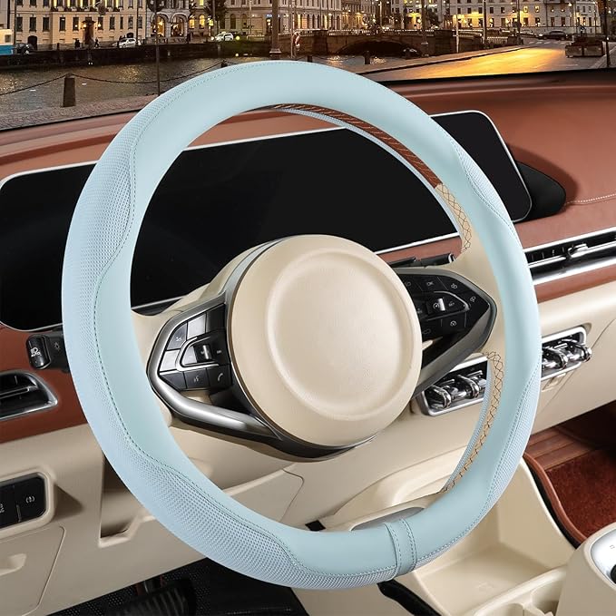 14 inch Steering Wheel Cover for Prius Civic, Nappa Microfiber Leather Non-Slip Breathable Fabric, Warm in Winter and Cool in
