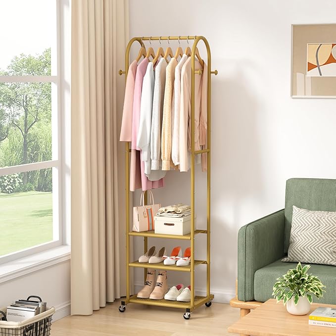 Kaitiemoo Heavy Duty Clothing Rack with Wheels,Modern Garment Rack with 3 Metal Shelves, 71.8Inches Display Rack for Hanging 